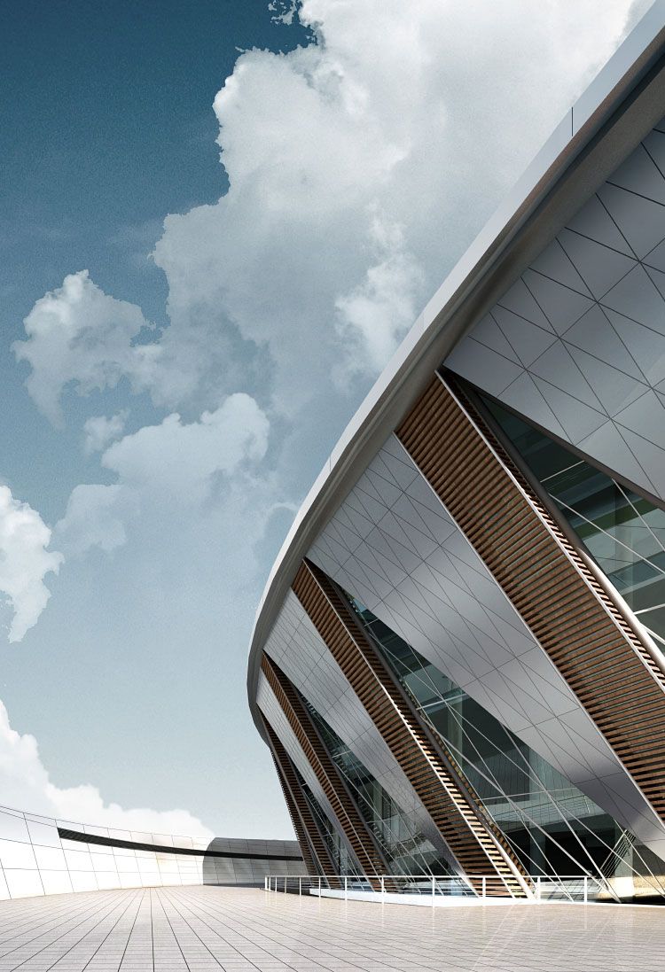 Tampa Florida, Architecture Style 2 Tampa Florida, A modern stadium or arena with a sweeping, curved facade and a spacious plaza, set against a cloudy sky.
