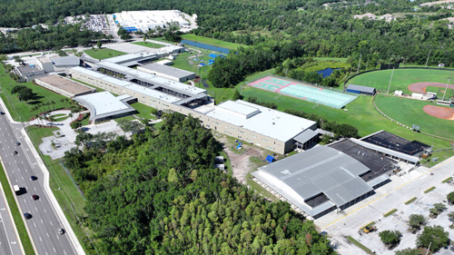 Tampa Florida, Aerial view of Wharton High School in Tampa, Florida, showing a new roof installation.