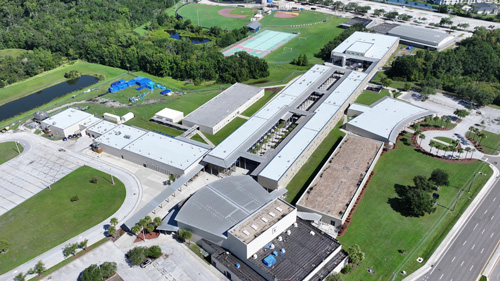 Tampa Florida, Aerial view of Wharton High School in Tampa, Florida, showing a new roof installation.