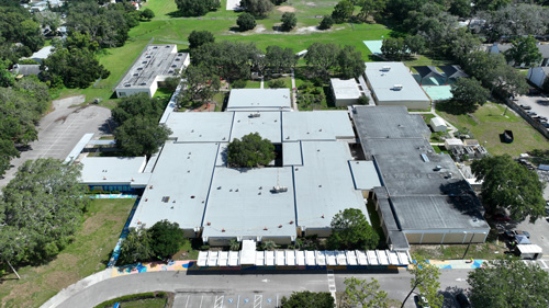Tampa Florida, Aerial view of MORT Elementary School in Tampa, Florida, showing a newly installed roof.